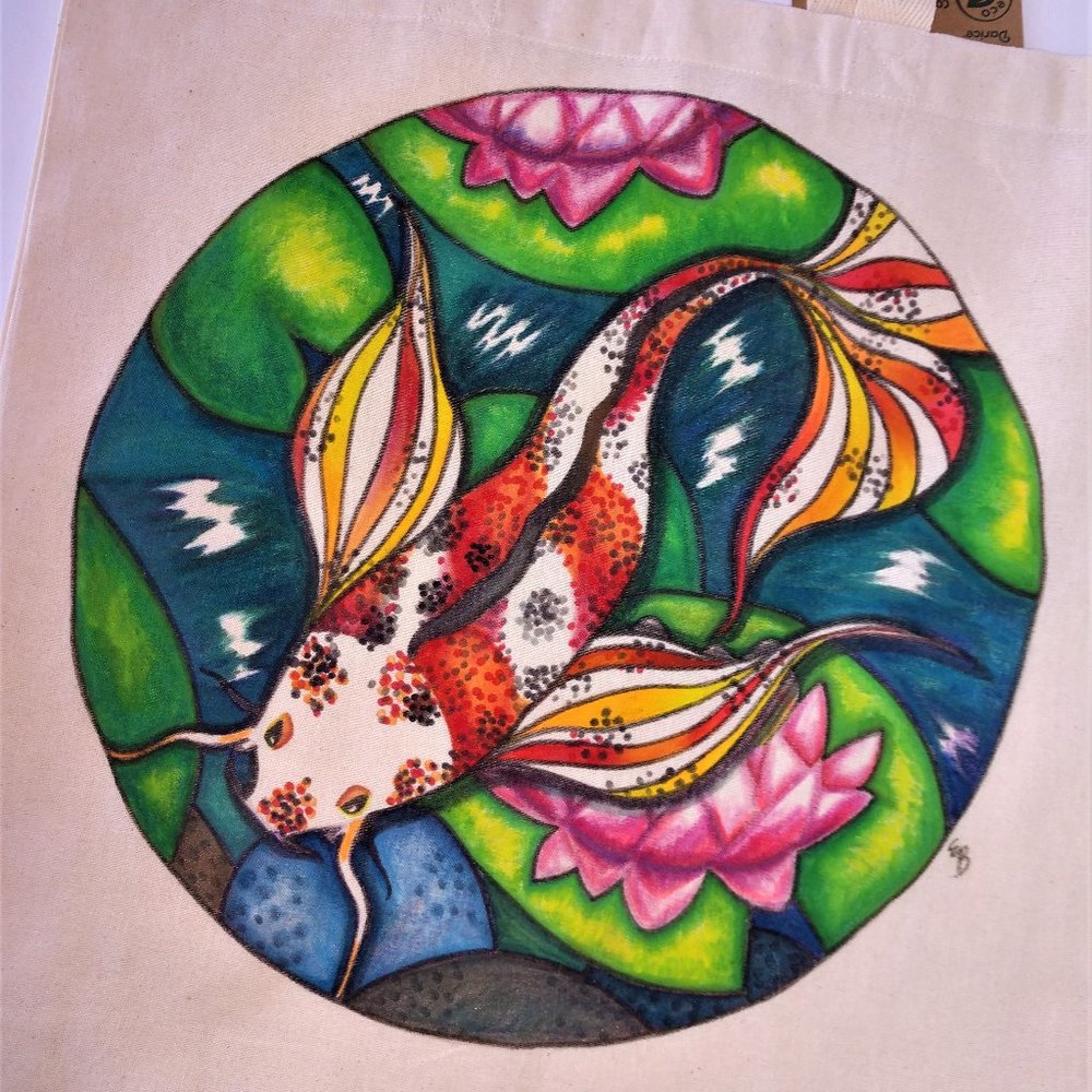 Painted Tote Bag with Orange Butterfly Koi Fish in Pond 15x16x4 Handmade NWT